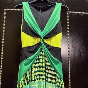 BCBGMaxAzria Green and Yellow Asymmetrical Sheath Dress